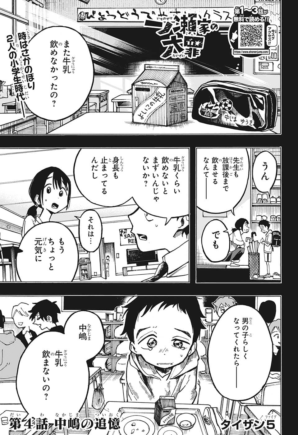 一ノ瀬翼は、事故で記憶を失ってしまった中学生。無事に家族と対面するも、驚きの事実が明らかになり...。この家族、全員訳アリ！？『タコピーの原罪』のタイザン5が贈る、新時代ホームドラマ！ 第4話 - Page 1